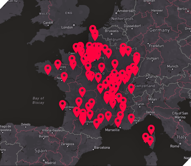 Carte des centres Laser Game équipés en France